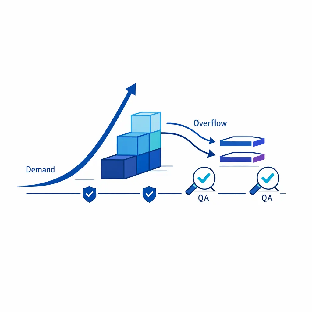 A rising demand curve is matched by overflow staffing layers and supervision to show stable seasonal scaling.