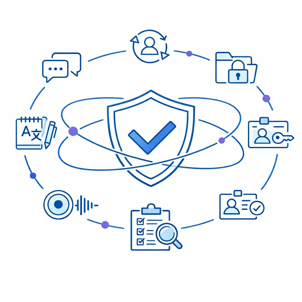 A central shield is surrounded by secure messaging, audit trails, access control, and bilingual note handling icons.
