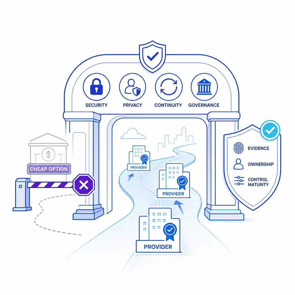A compliance gate blocks low-cost options that fail security and governance thresholds.