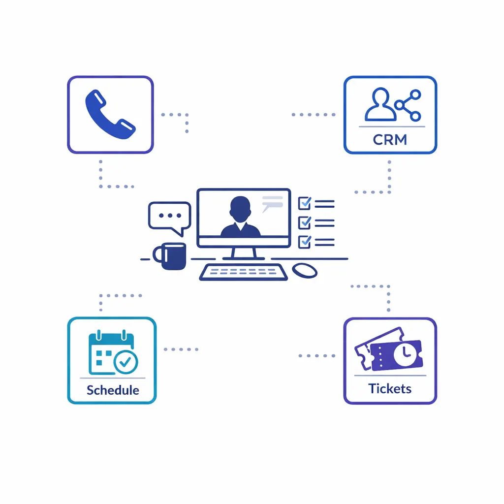 Disconnected CRM, phone, scheduling, and ticket icons show fragmented customer context.