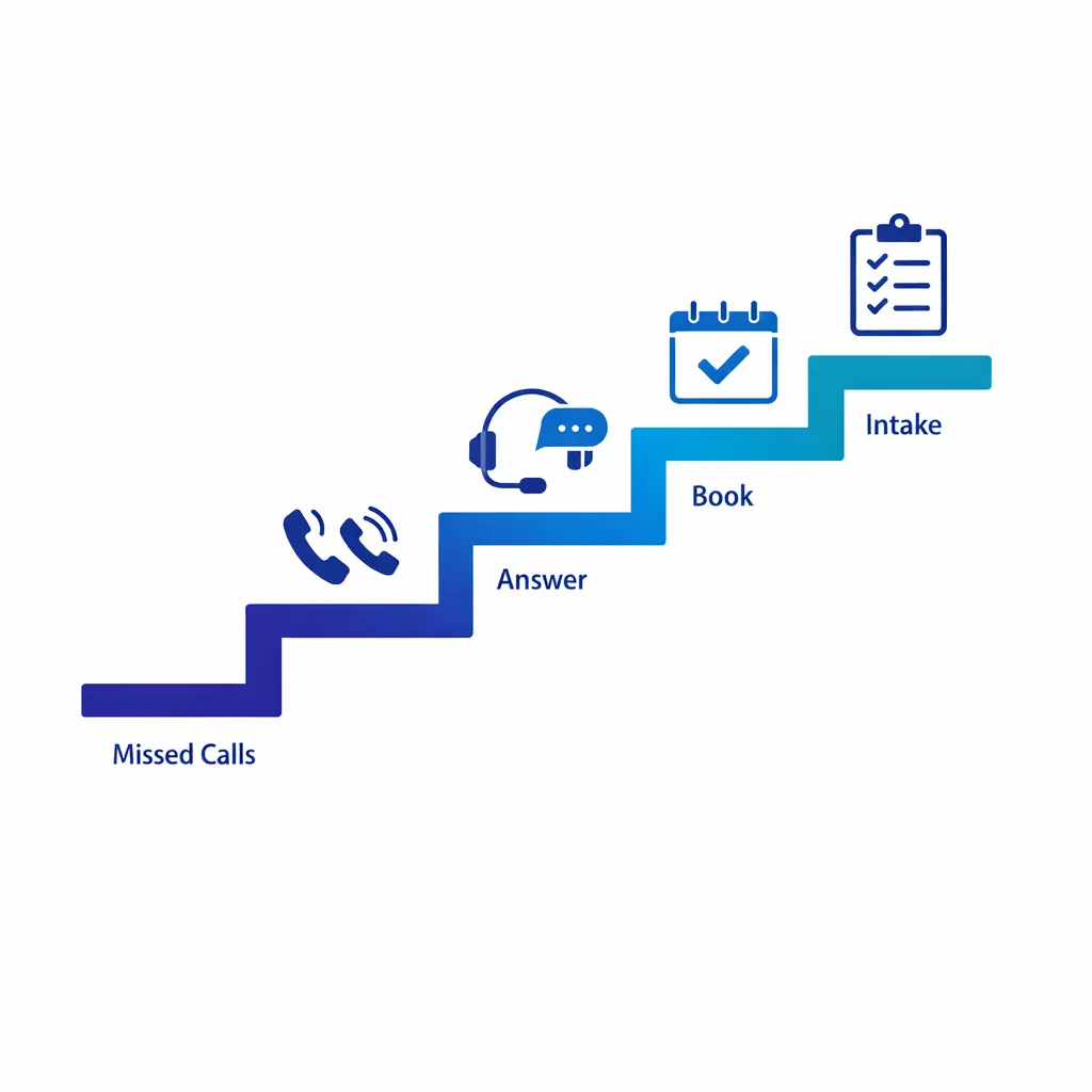A step-by-step ladder shows small firms moving from message taking to structured intake.