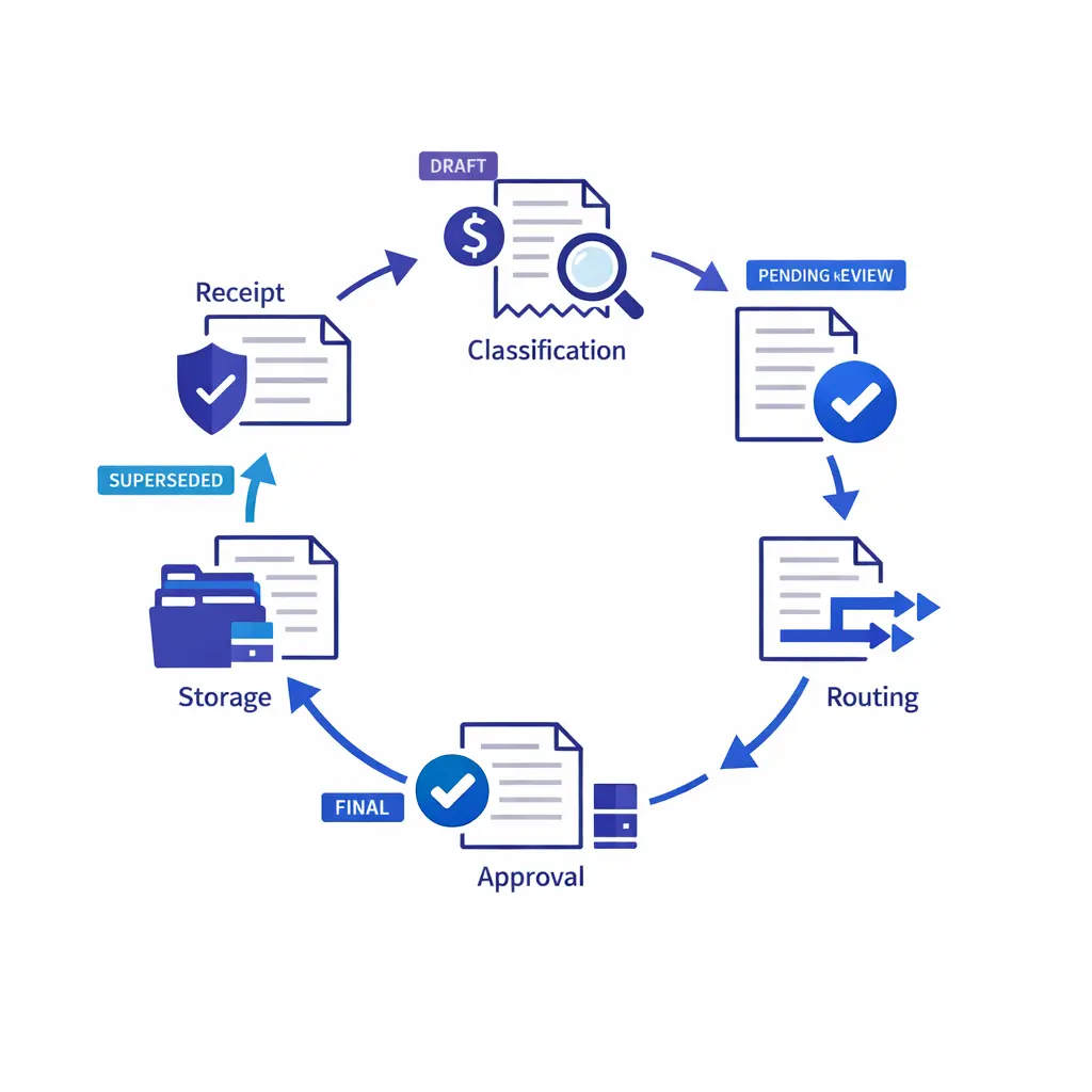 A document passes through receipt, validation, routing, approval, and storage with clear version status.