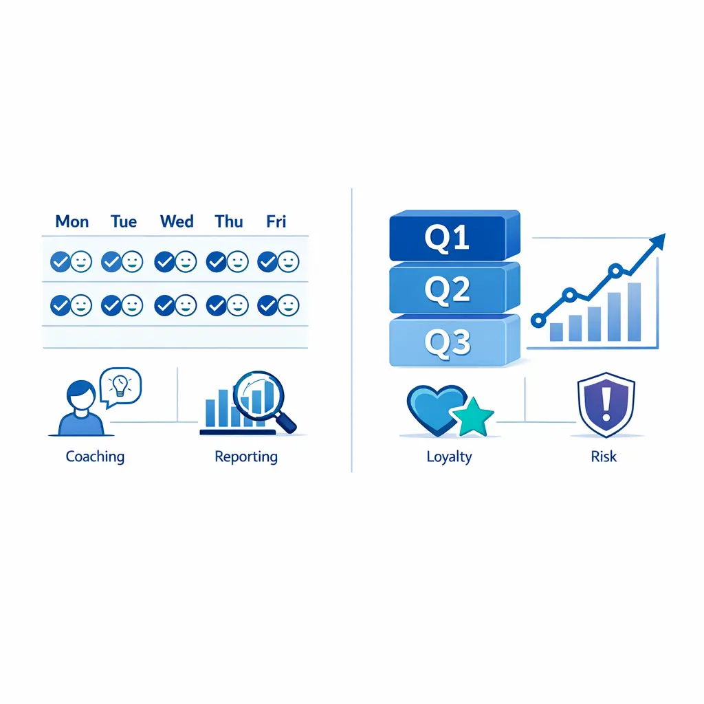 A dual-cadence calendar shows CSAT reviewed weekly and NPS reviewed quarterly on separate rhythms.