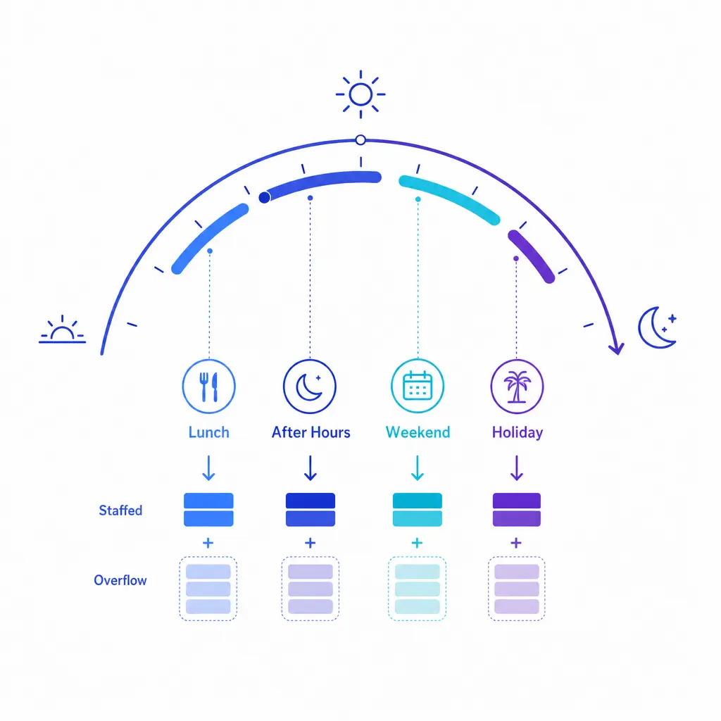 A day-to-night coverage arc highlights lunch, evenings, weekends, and holidays with protected minimum staffing.
