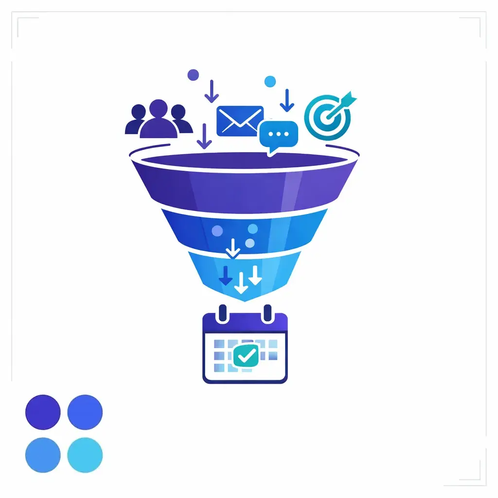 Inbound contacts move into booked appointments through a clean conversion funnel ending in a calendar confirmation.