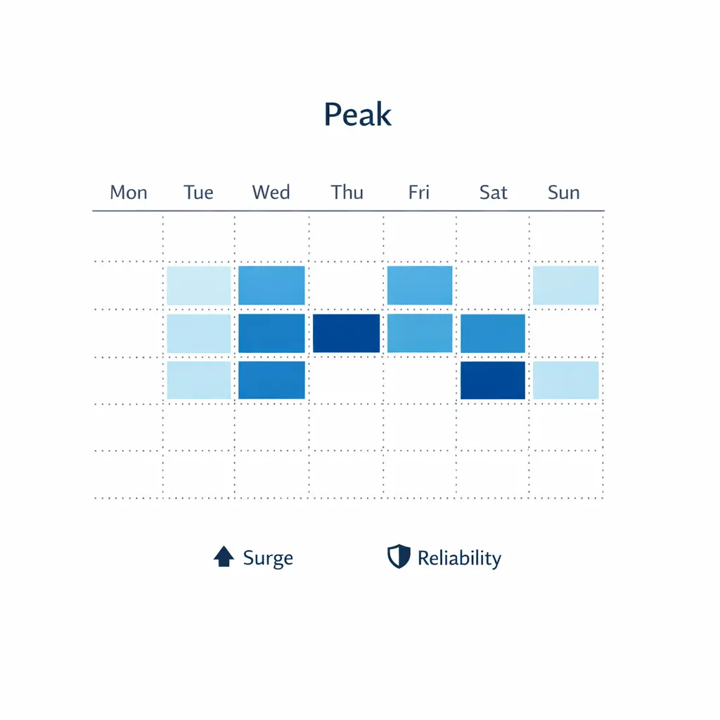 A weekly grid shows staffing blocks aligned to peak demand and seasonal surges.