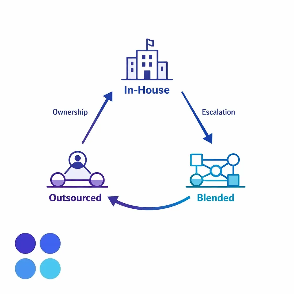 A staffing model diagram compares in-house, outsourced, and blended chat operations for enterprise teams.