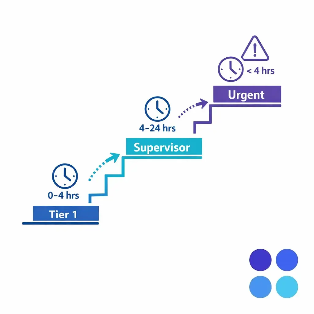 A clear escalation ladder maps ownership, urgency, and response windows across provider and client teams.