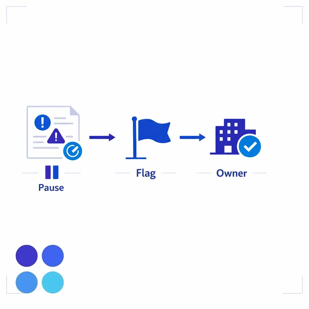 Missing or altered records trigger a pause, flag, and named in-house escalation path.