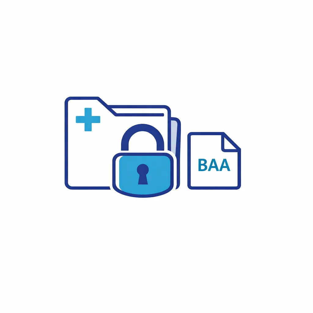 A lock and medical file icon depict PHI-safe workflows and business associate controls.