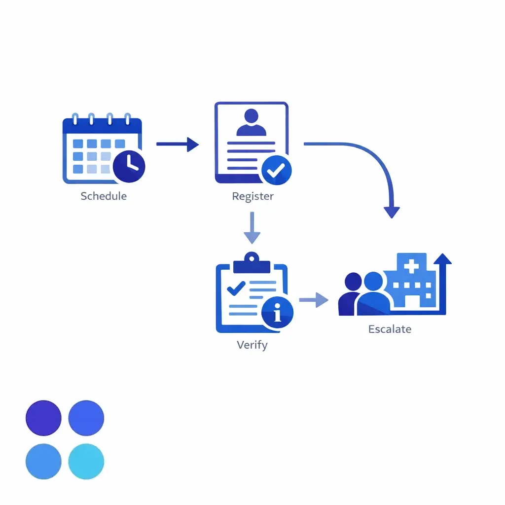 A healthcare intake flow shows bilingual scheduling, registration capture, and safe escalation using clear process steps.