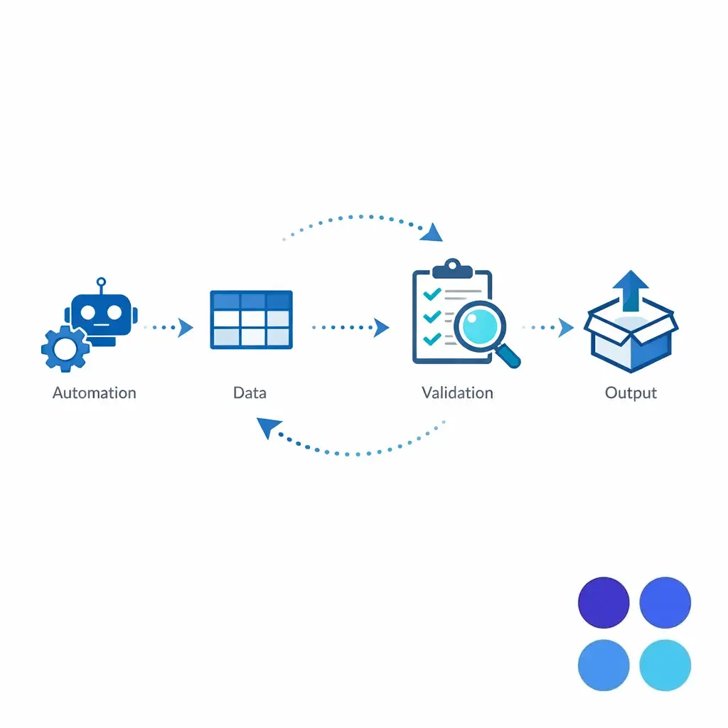 A human-in-the-loop loop shows automation steps with a validation checkpoint to prevent downstream rework.