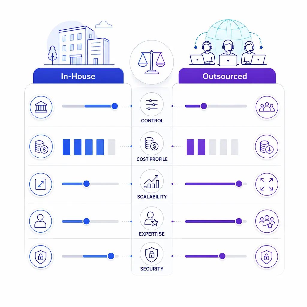 Two side-by-side columns compare control, cost, scalability, expertise, and security.