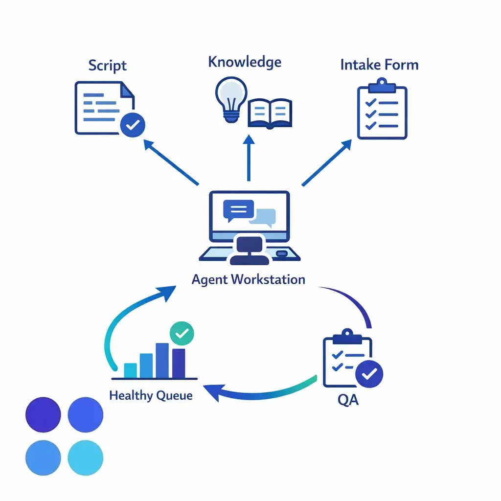 Agents with better scripts and knowledge access are shown resolving work faster and returning capacity to the queue.