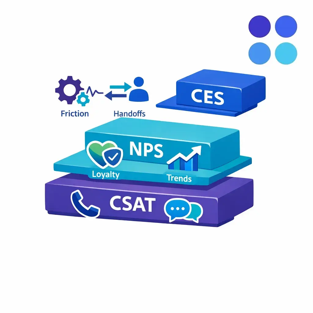 A three-layer stack shows CSAT for interaction quality, NPS for relationship health, and CES for effort.