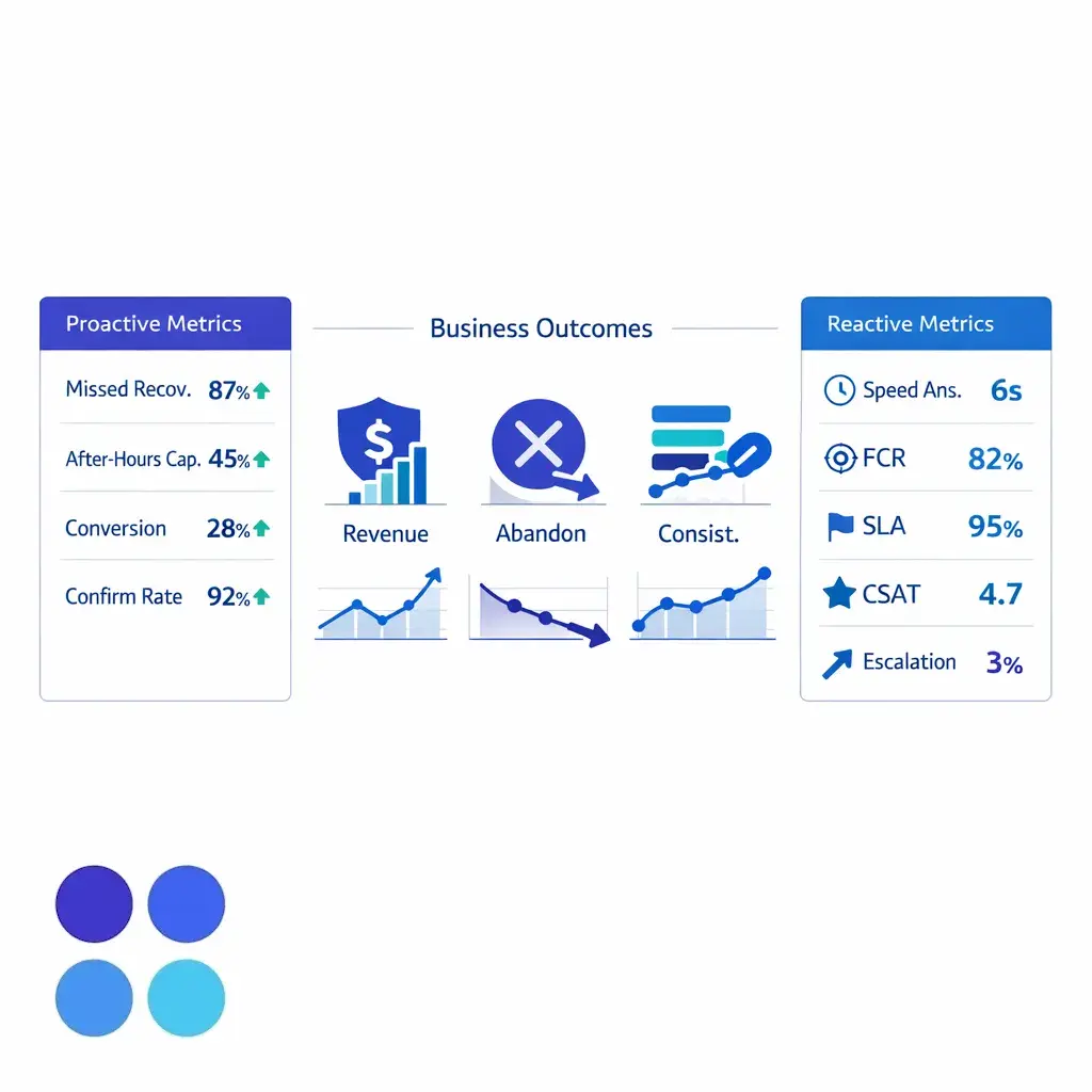 Two dashboard panels compare proactive and reactive metrics with business outcomes in the center.