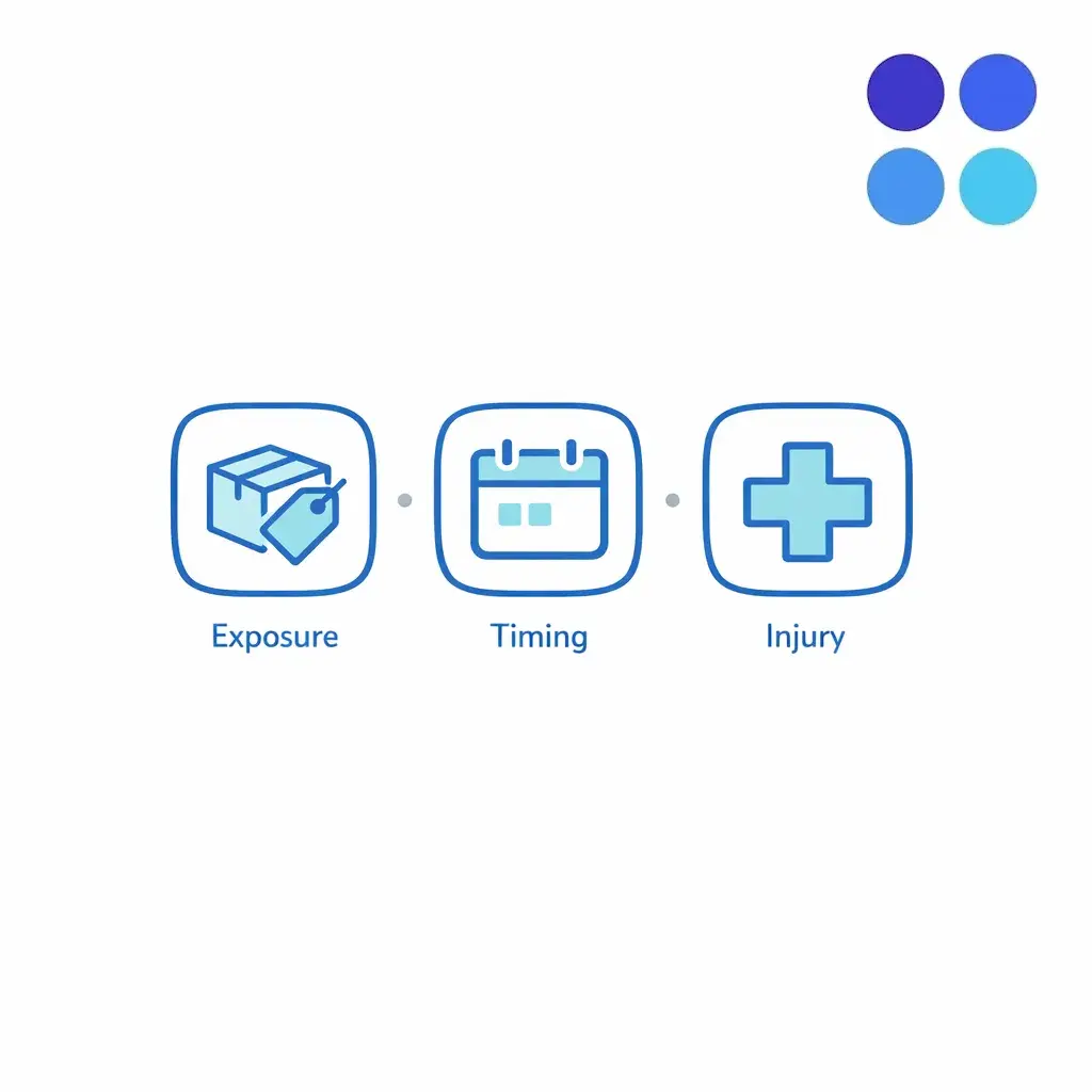 Three core question tiles summarize product, timing, and injury as the first-pass screen.