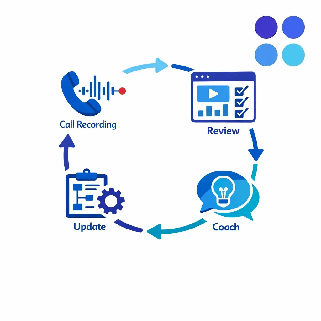 Recorded call review flows into coaching and knowledge updates in a closed improvement loop.