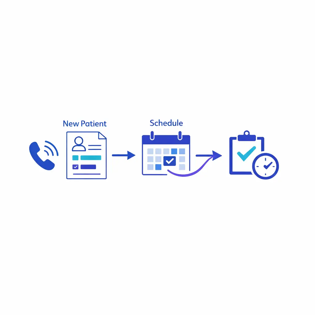 A structured intake form and calendar flow show how new patient calls become clean scheduling follow-up.