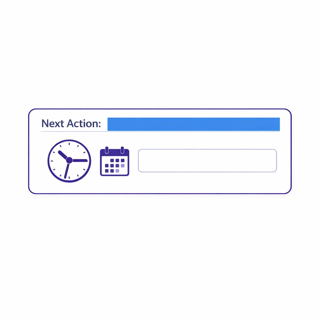 A clock icon and calendar field highlight that every non-final outcome needs a next action time.