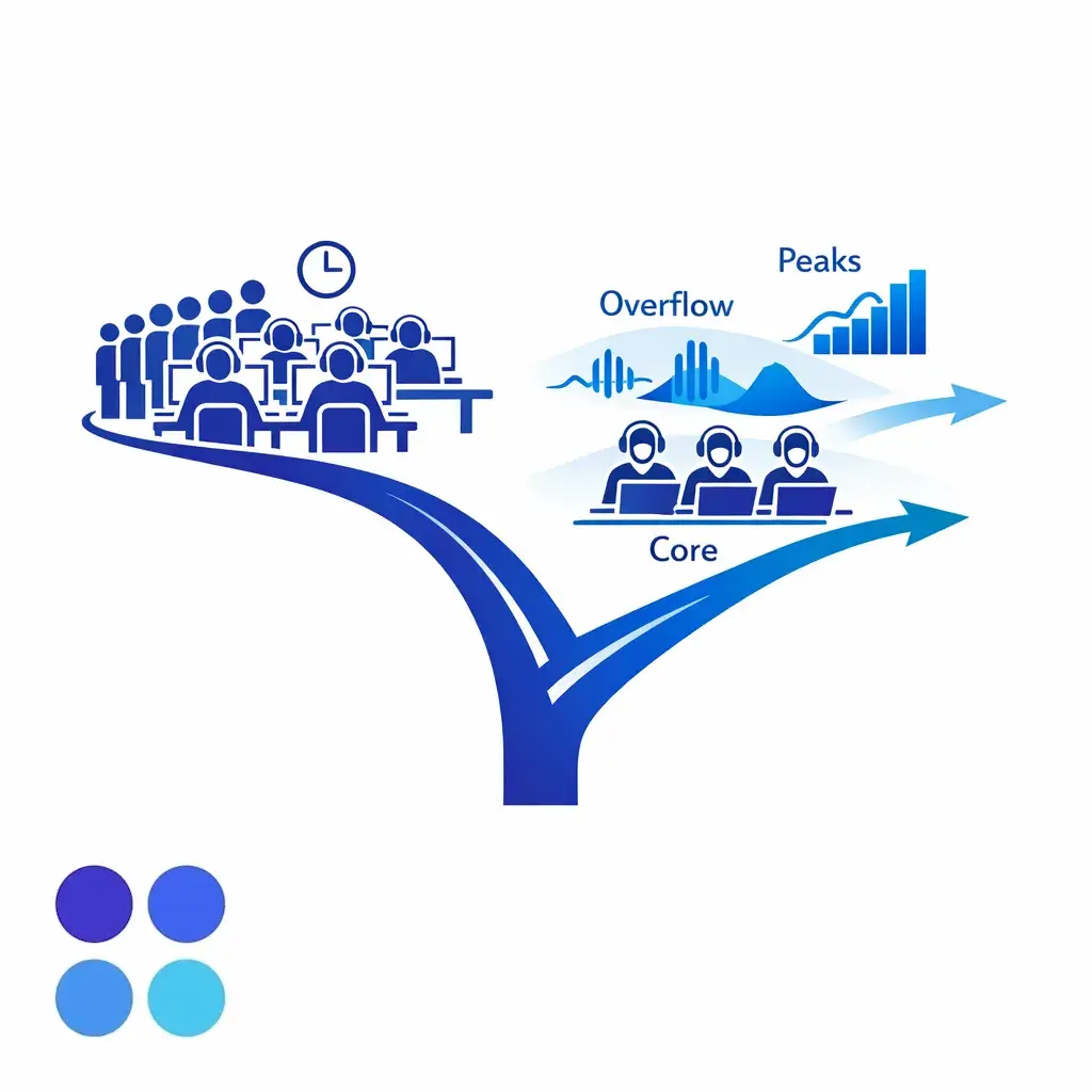 A split-path diagram shows core staffing on one side and overflow support absorbing peak demand on the other.