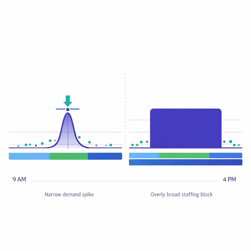 A demand curve with a narrow midday spike contrasts with a flat all-day staffing block.