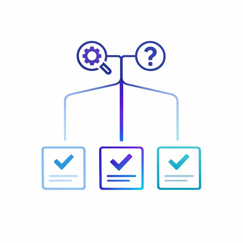A root issue icon leads through approved options to one clear resolution path.