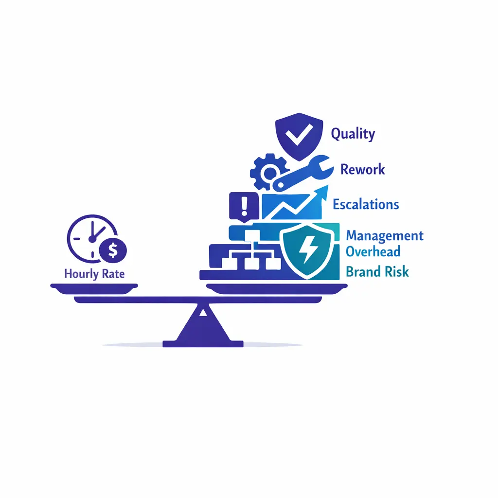 A value framework weighs rate against rework quality and total cost to serve.