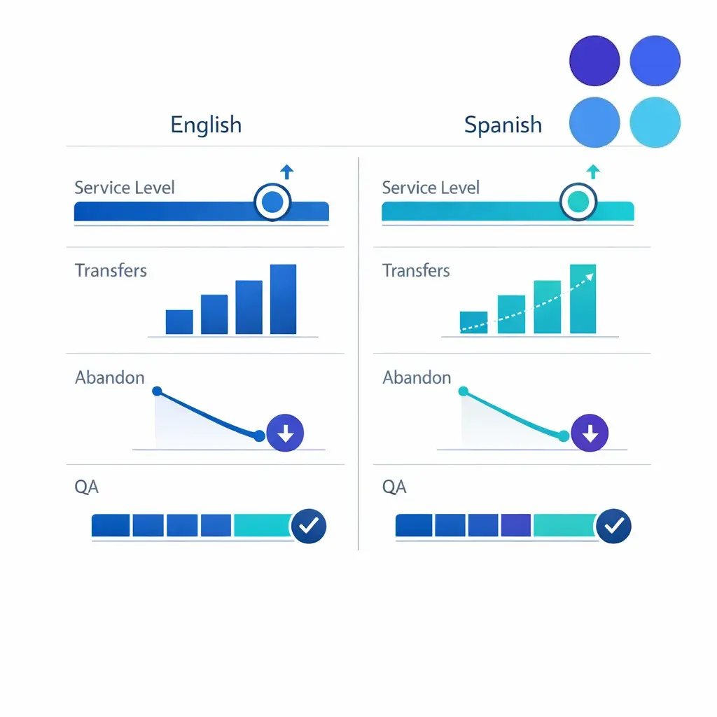 A minimal dashboard compares English and Spanish performance across service level and abandonment.
