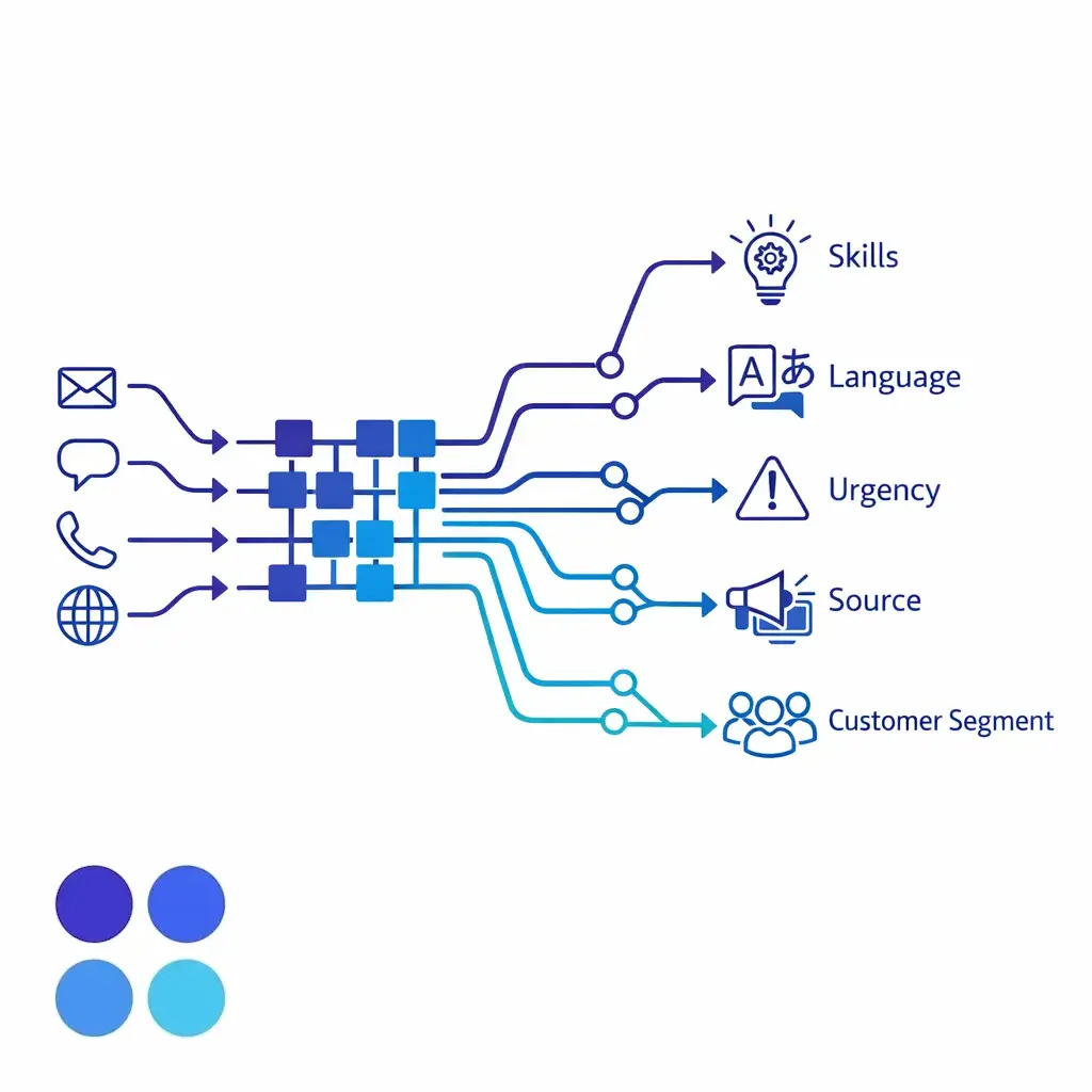 A smart routing map sorts issues by urgency, language, segment, and specialist need.