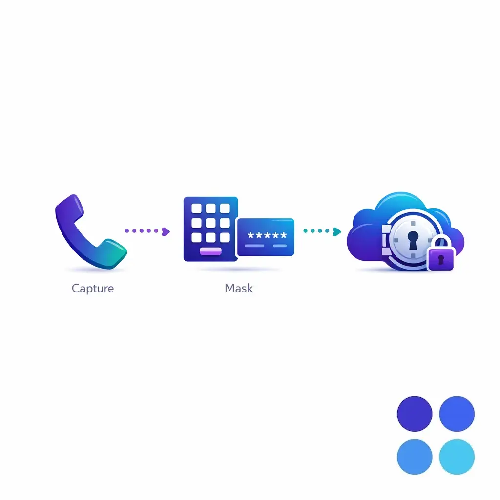A flow diagram showing secure payment capture with masked data and protected recordings.