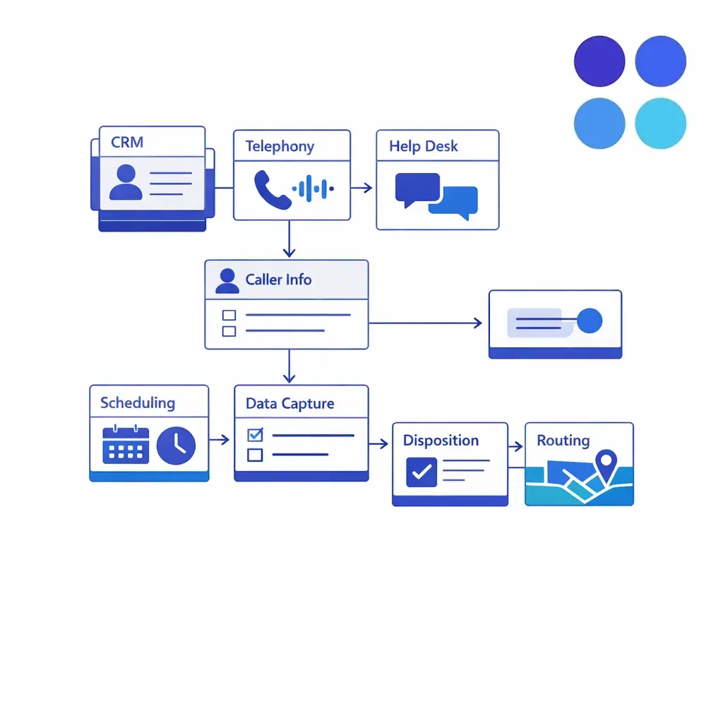 CRM, telephony, scheduling, and help desk tools connect through a smooth intake and routing flow.