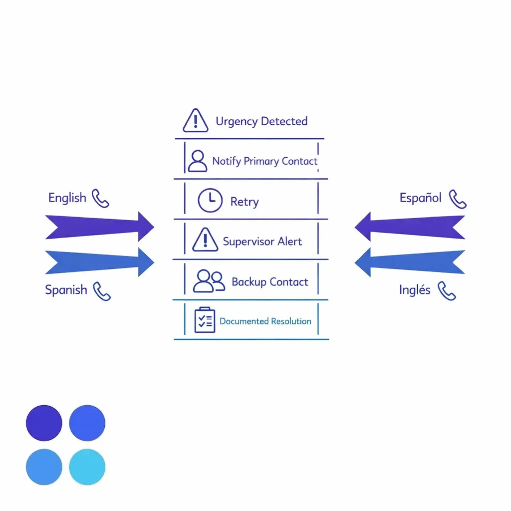 An escalation ladder maps urgent call handling, supervisor alerts, on-call contacts, and failover attempts in both languages.