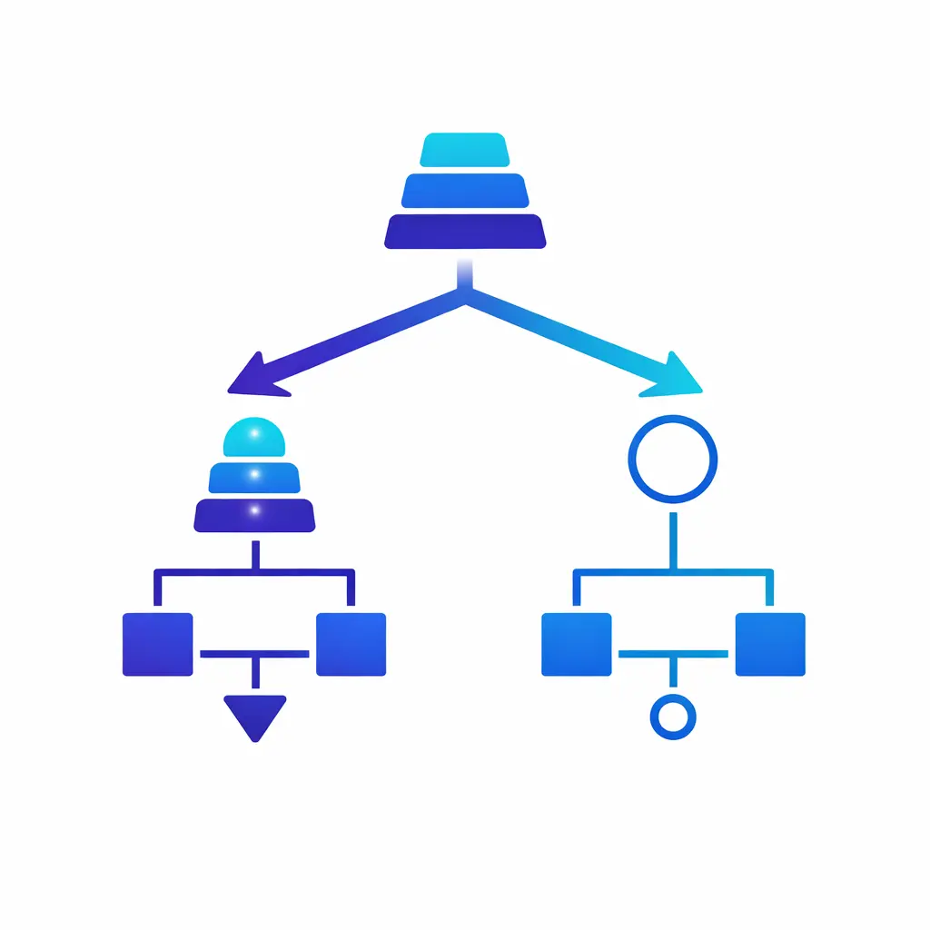 A split pathway distinguishes urgent routing from routine handling with clear priority signals in blue tones.
