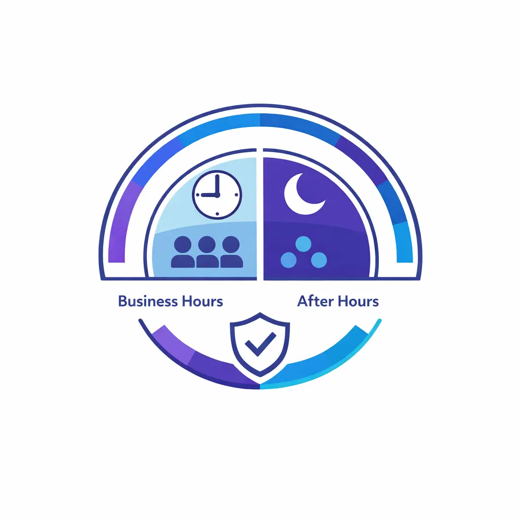 A day-to-night clock arc reveals thin internal staffing and stable after-hours coverage support.