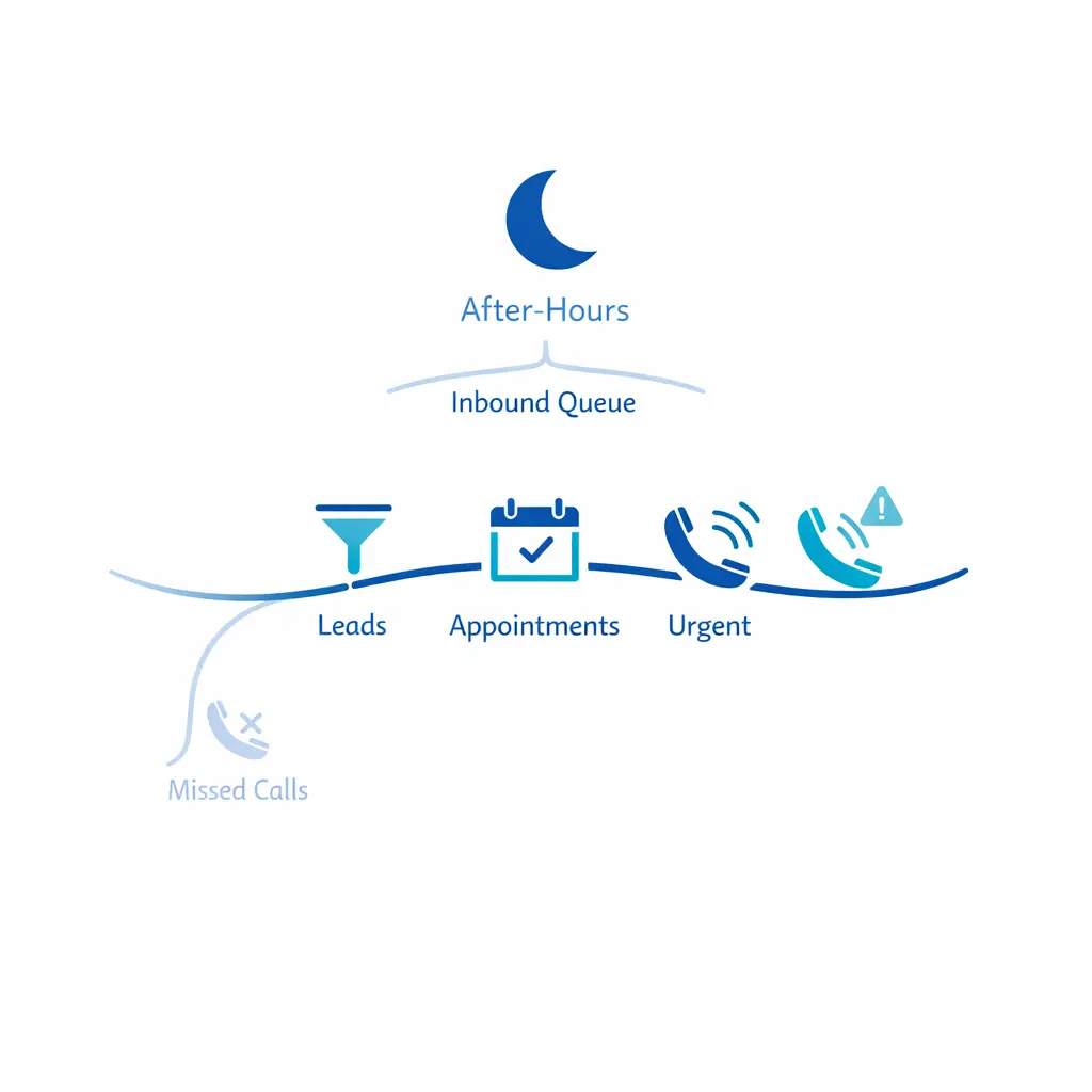 A moonlit after-hours queue flows into captured leads and scheduled callbacks instead of missed calls.
