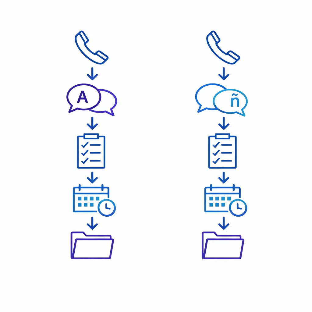 Parallel workflows in two languages show consistent intake standards across bilingual support.