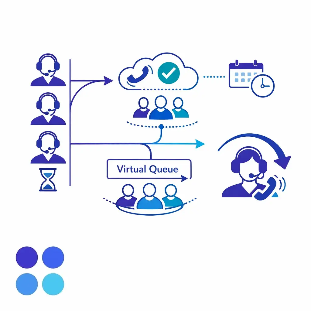 A virtual queue graphic shows callers keeping their place and receiving a later return call.