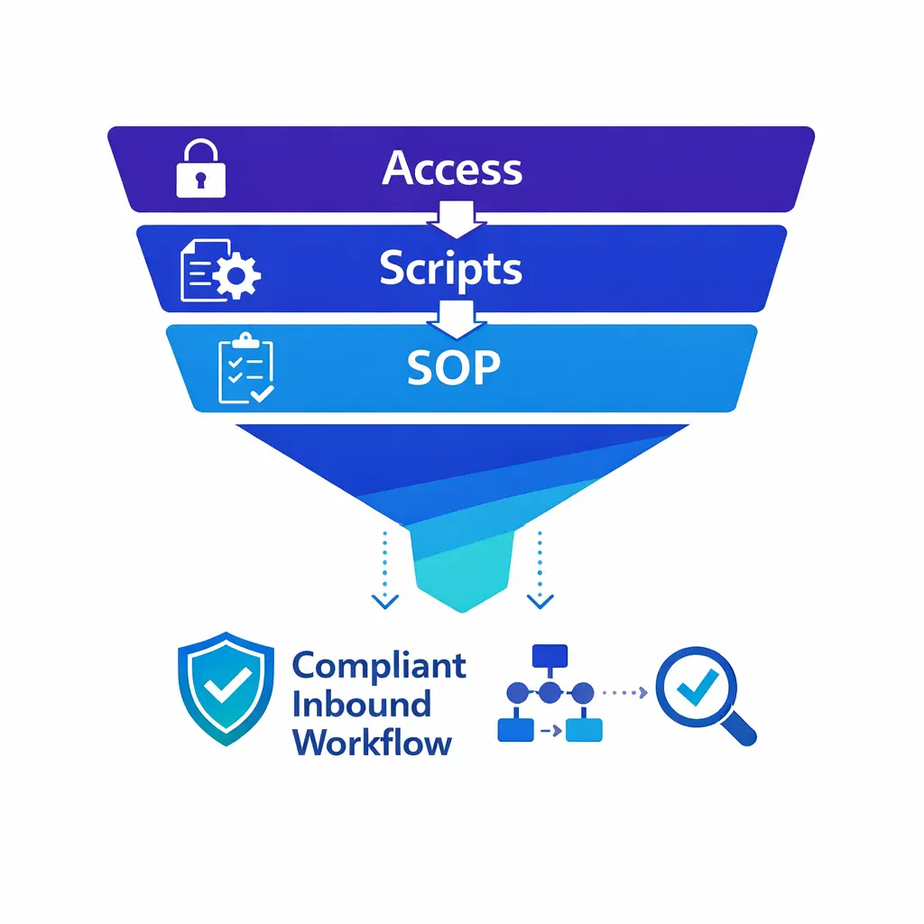 Controlled scripts, secure access, and versioned SOPs are shown as a disciplined governance system.
