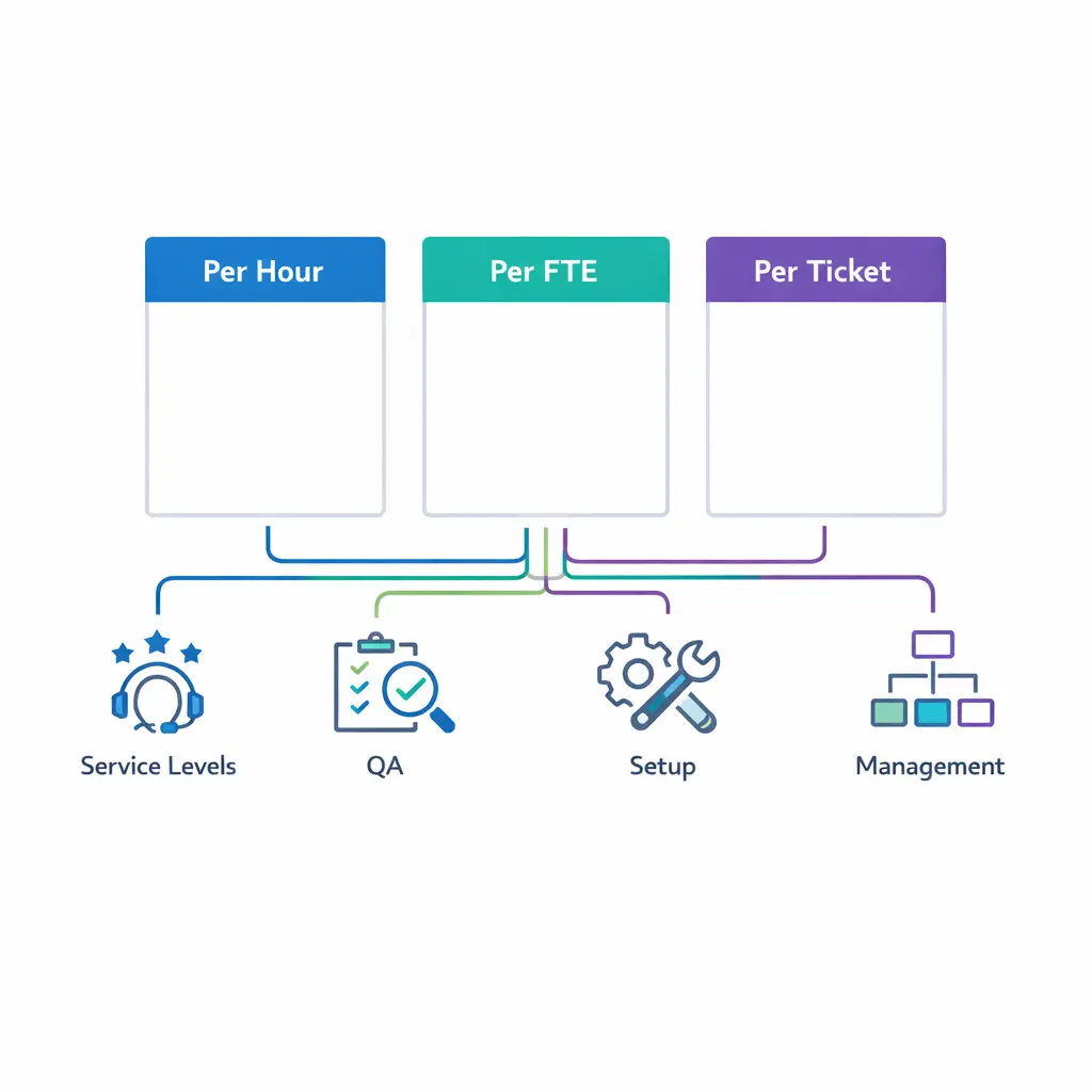 Three pricing models are shown as clean cards balanced against service levels, QA, and management effort.