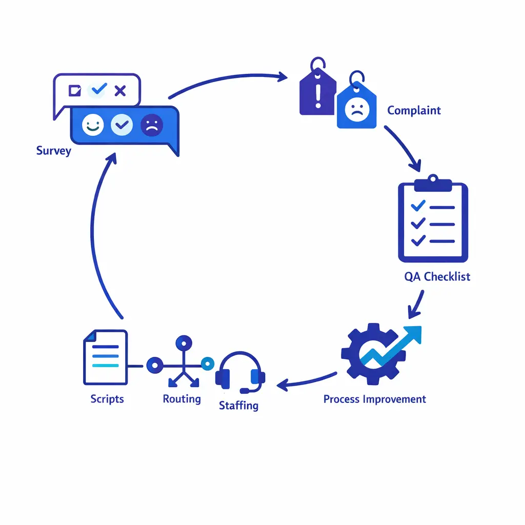 Survey comments, complaints, and QA findings feed into a single improvement loop for scripts and staffing.