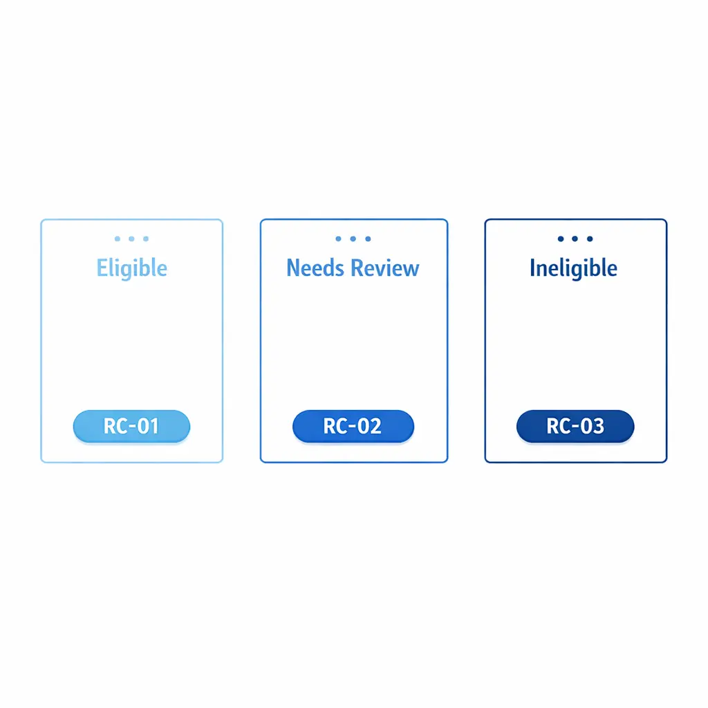 Three outcome cards show Eligible, Needs Review, and Ineligible with concise reason code chips.
