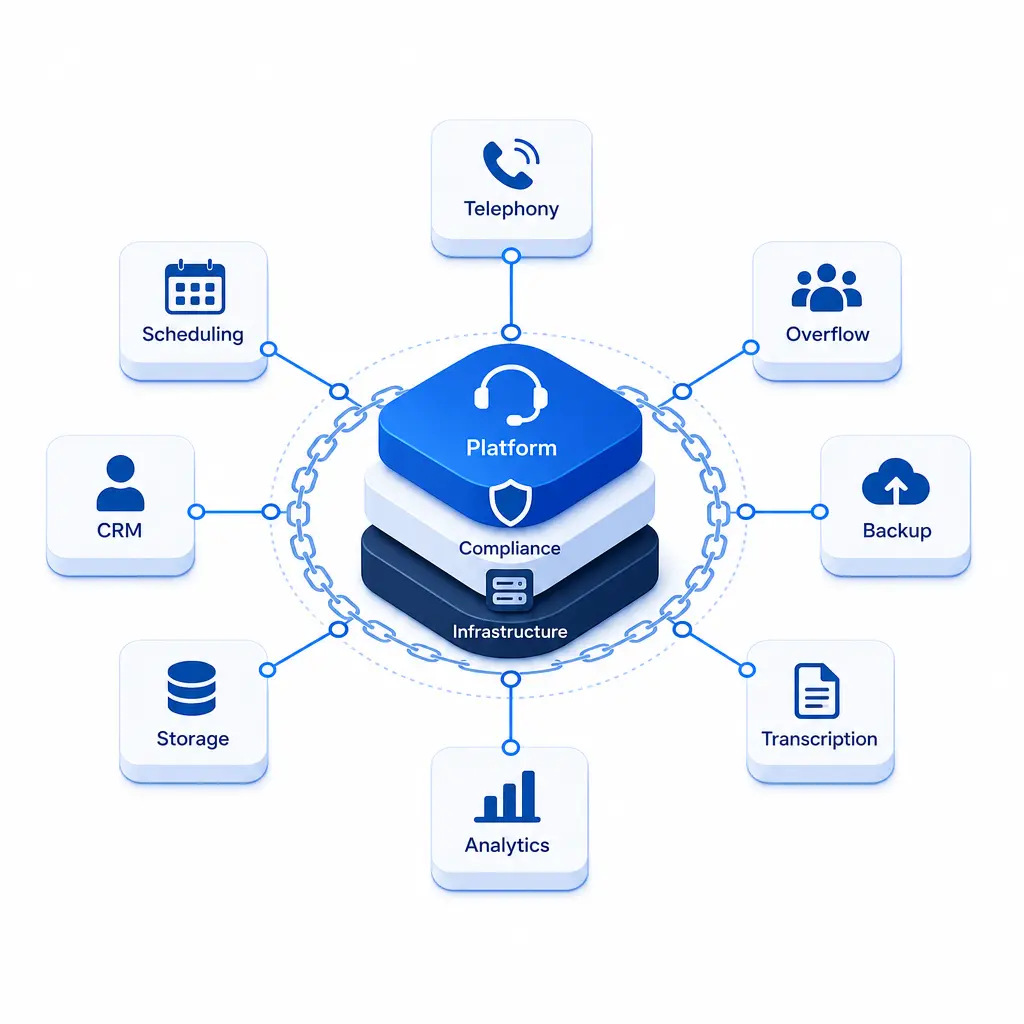 A vendor stack map reveals telephony, storage, transcription, and analytics tools behind patient call handling.