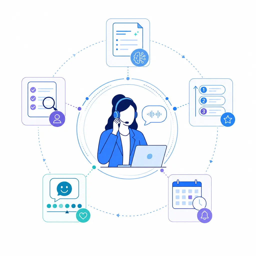 A human conversation icon is supported by AI summaries, QA flags, and reminder automation in the background.