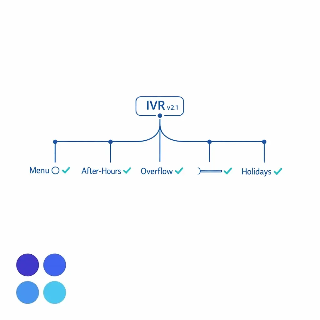 An IVR tree is shown with version tags and a testing checklist for every path.