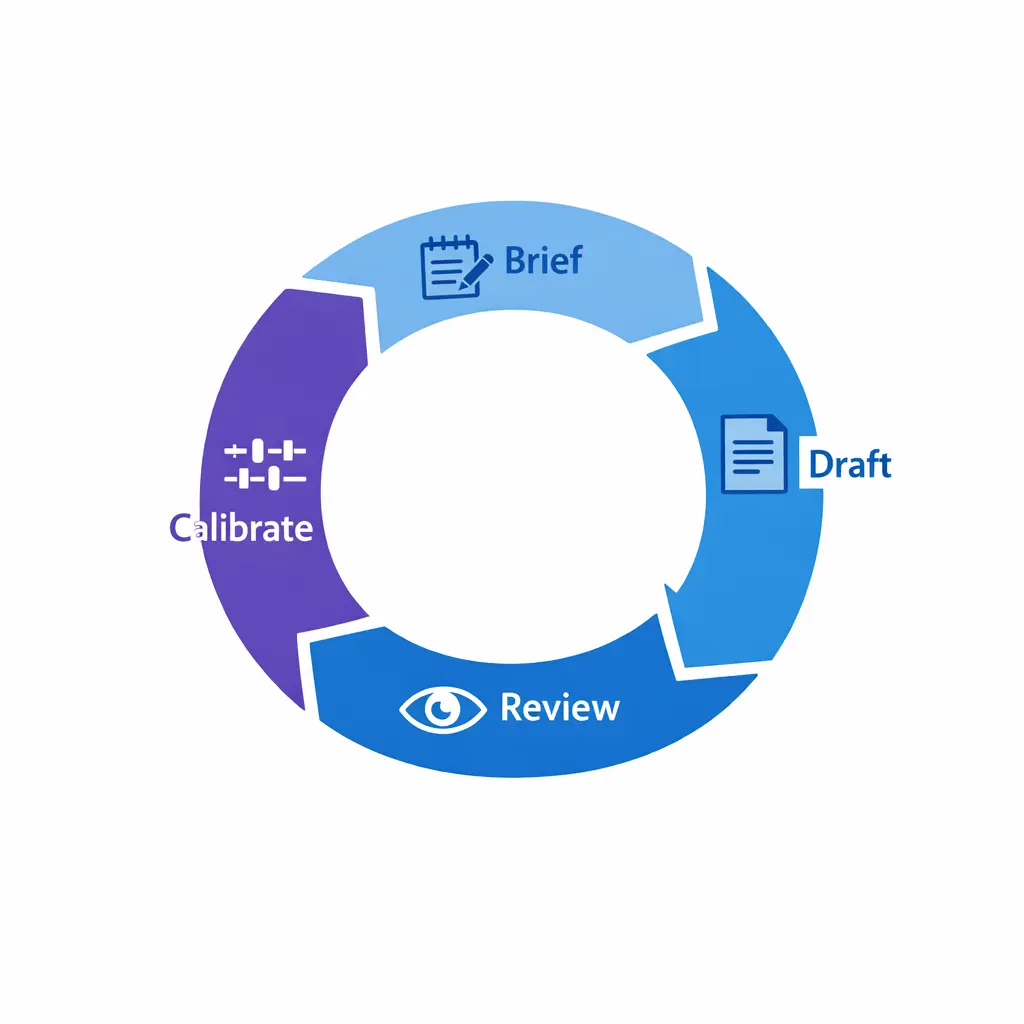 A brief-draft-review-calibrate loop visualizes how KPO quality improves through feedback iterations.