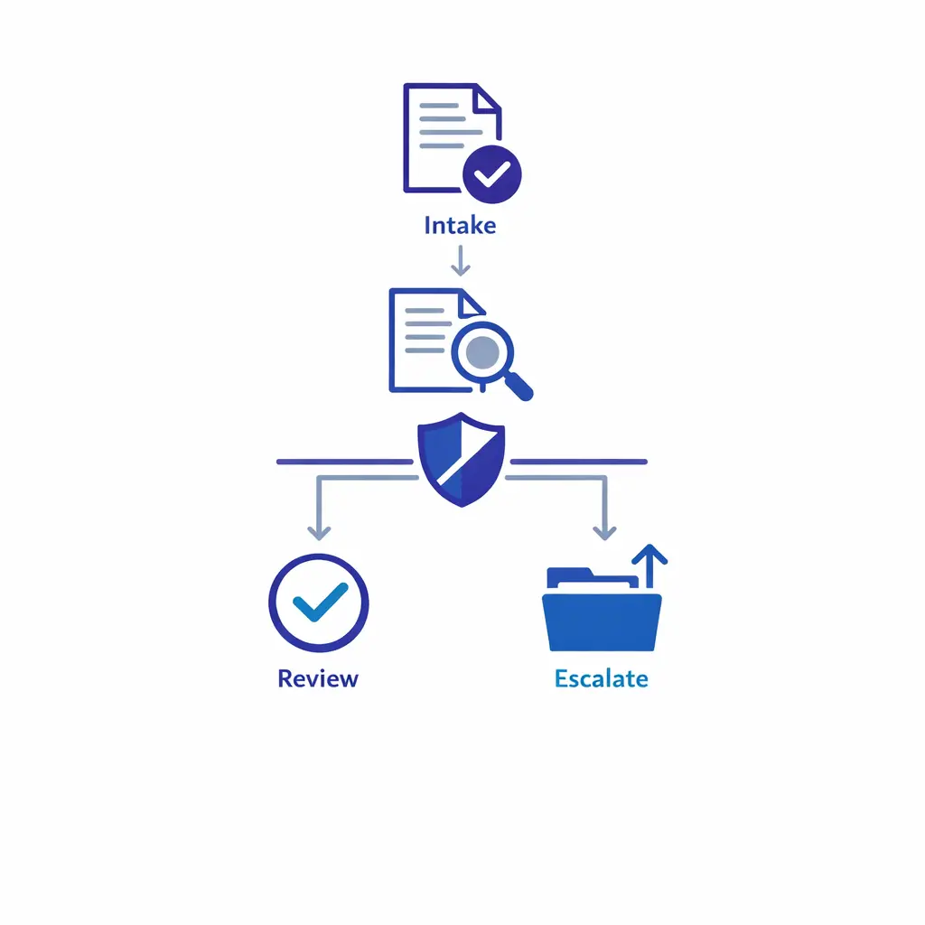 A conflict-sensitive intake diagram captures key facts, boundaries, and escalation points for legal support calls.