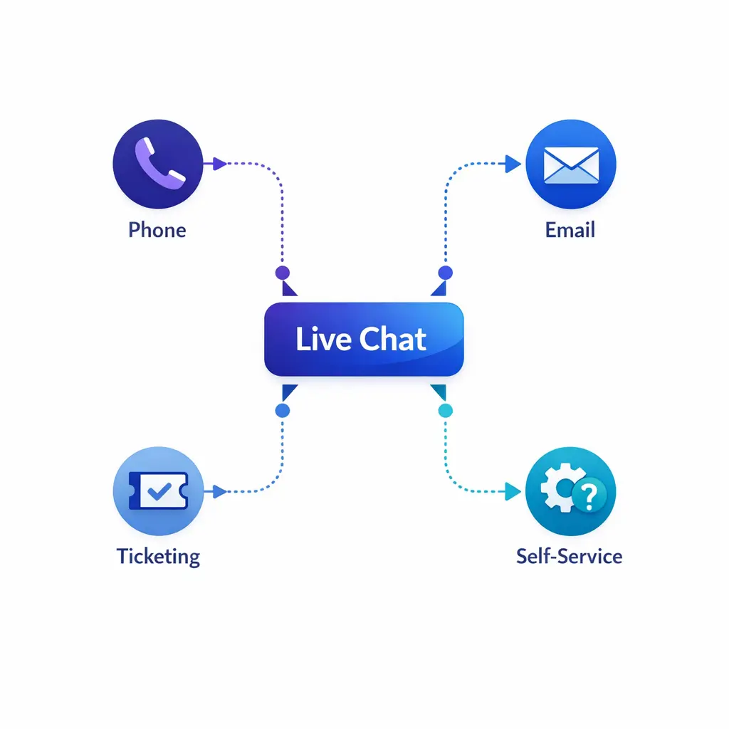 A clean channel map routes inquiries between chat, phone, email, ticketing, and self-service.