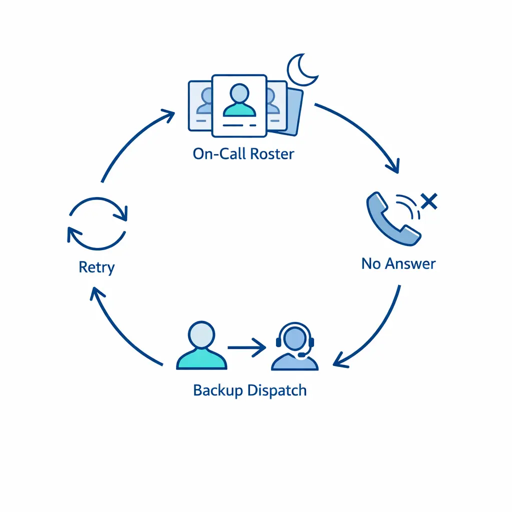 A night-themed but white-background dispatch diagram shows rotating rosters, no-answer retries, and backup contact flow.