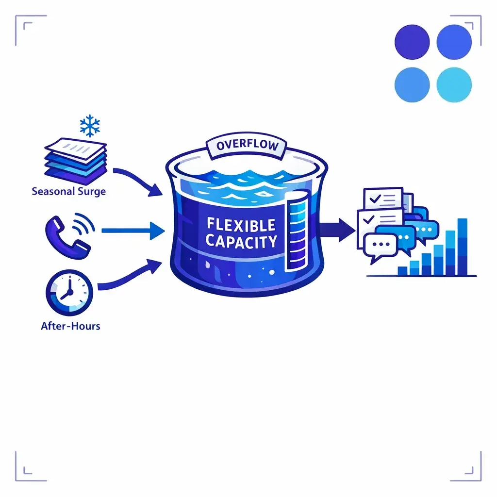 A clean queue illustration shows intake volume spikes being absorbed by structured back office capacity.